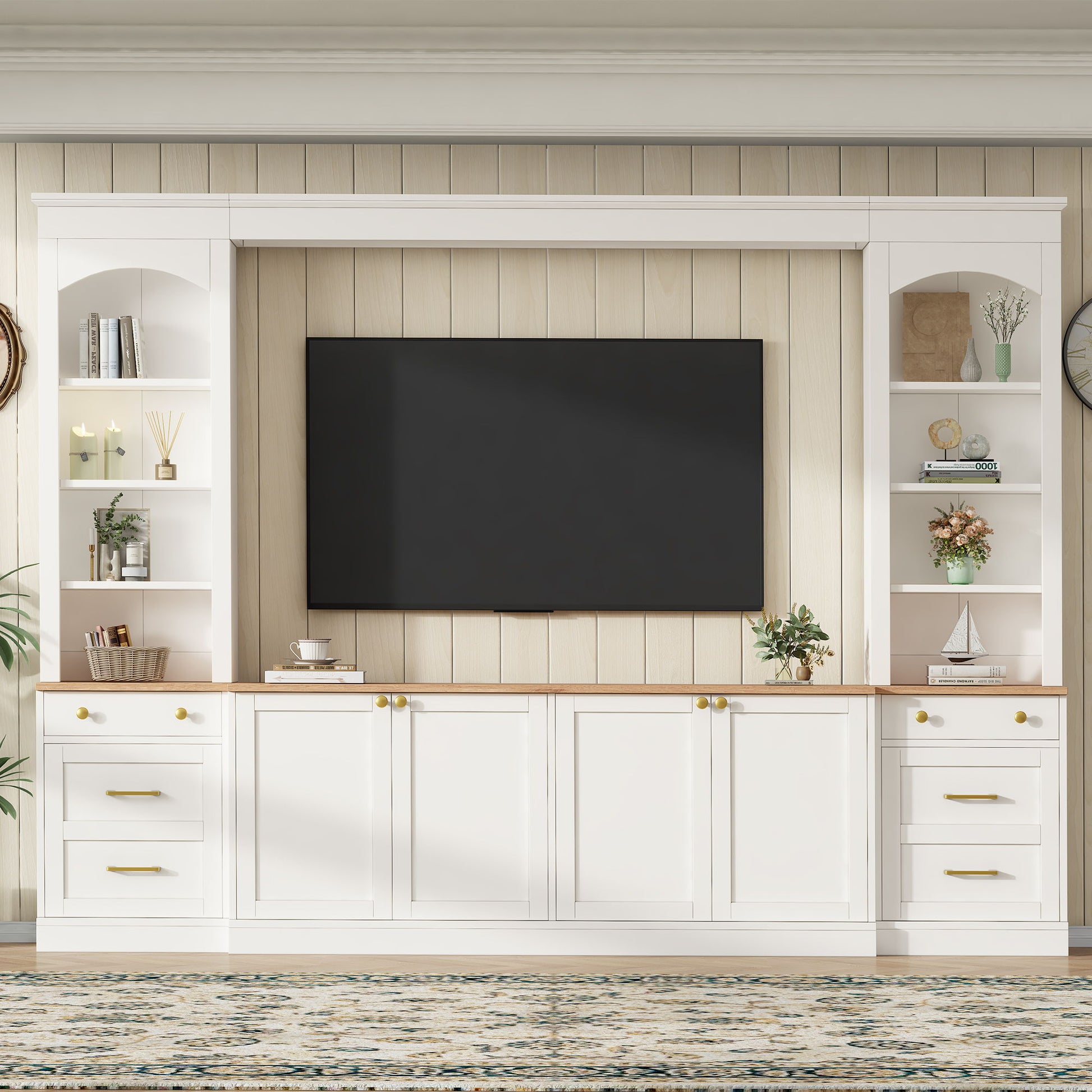 Arched Entertainment Center Wall Unit With Bookshelf, Retro Large TV Stand