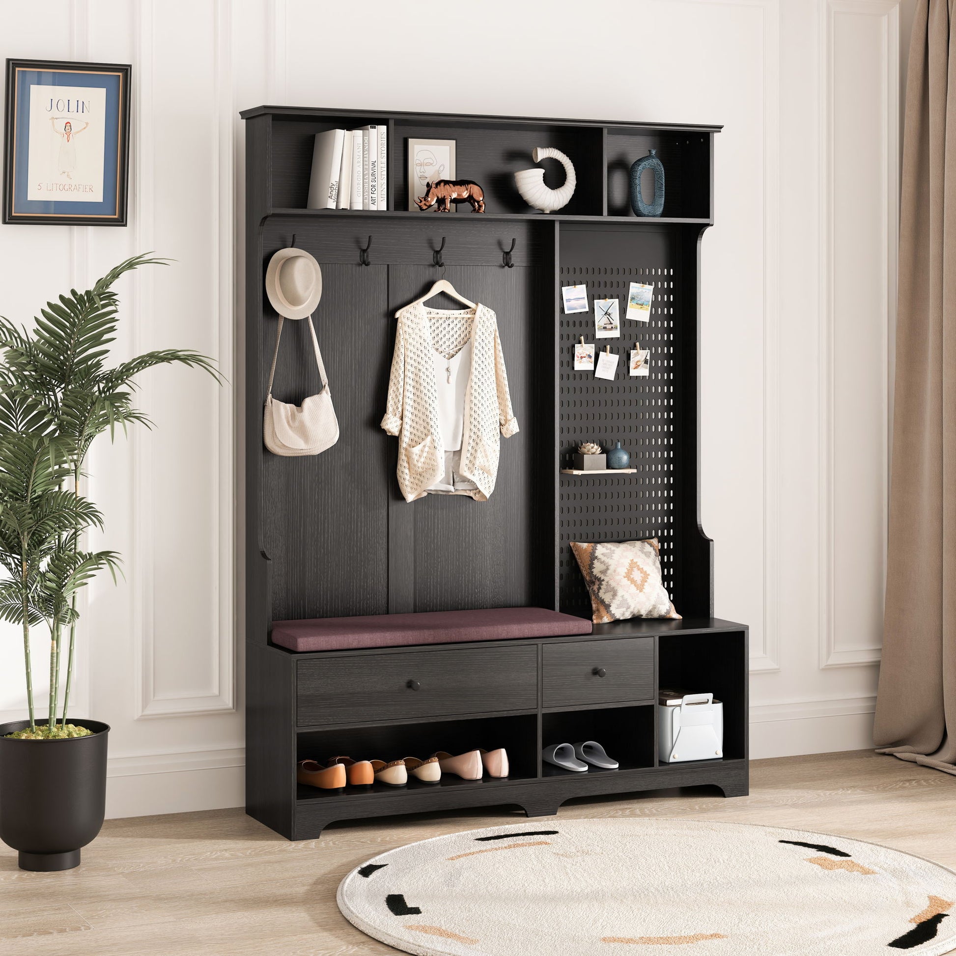 Hallway Hall Tree With Removable Cushion Bench, Coat Rack, Storage Shelves