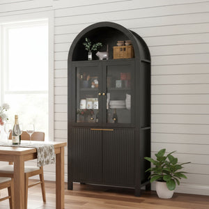 Fluted Tall Arched Pantry Cabinet With Adjustable Shelves, Glass Door & Hidden Drawer For Kitchen - Black