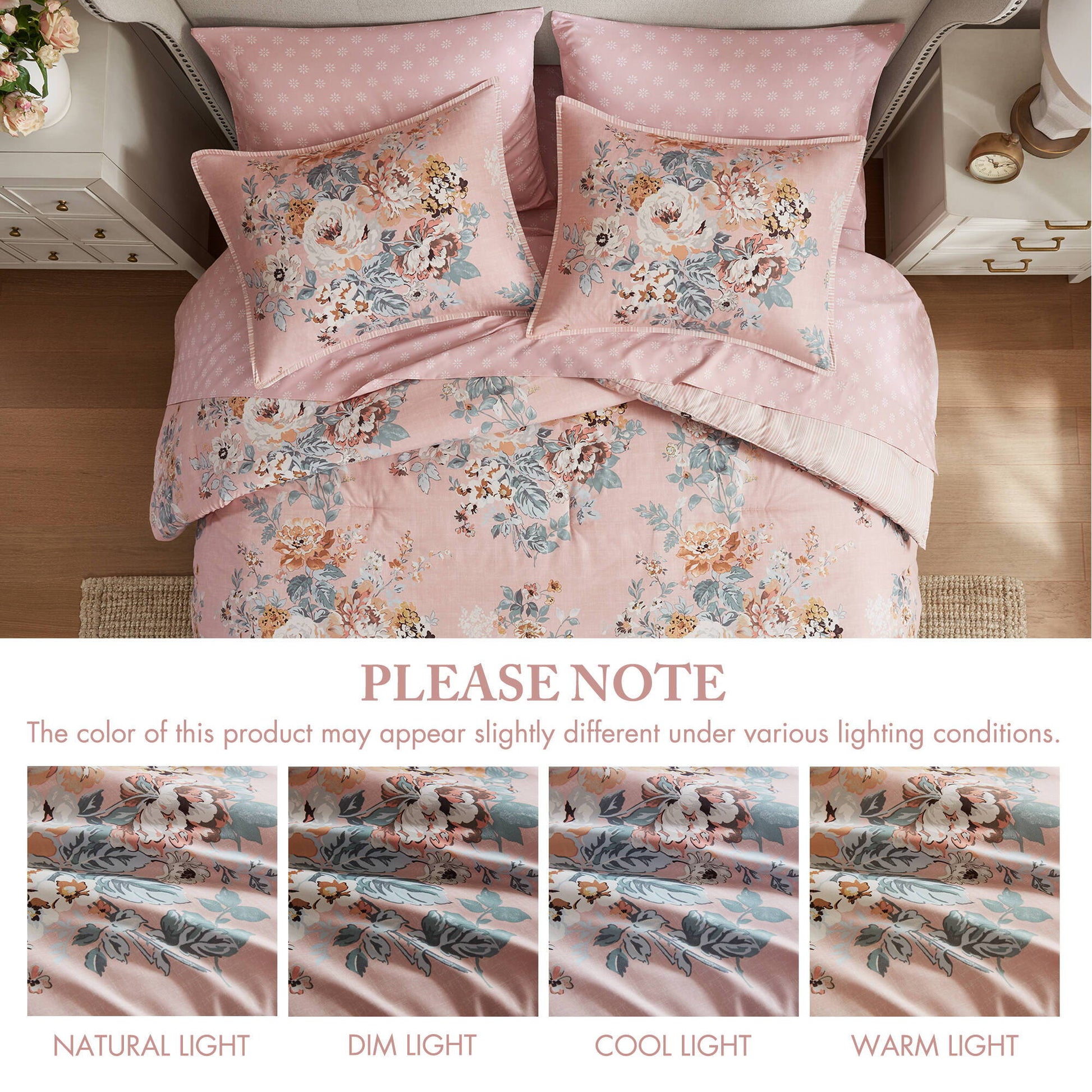 Heather - Queen 7 Piece Vintage-Inspired Floral Print - Pink