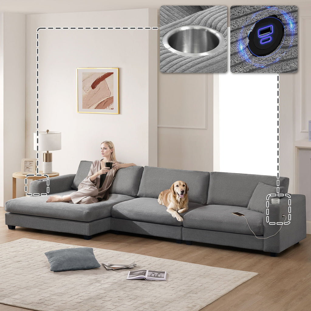 Oversized Sectional L Shaped Cloud Couch With USB Charging Port Cup Holder Deep And Wide Seat Sofa With Chaise Comfy