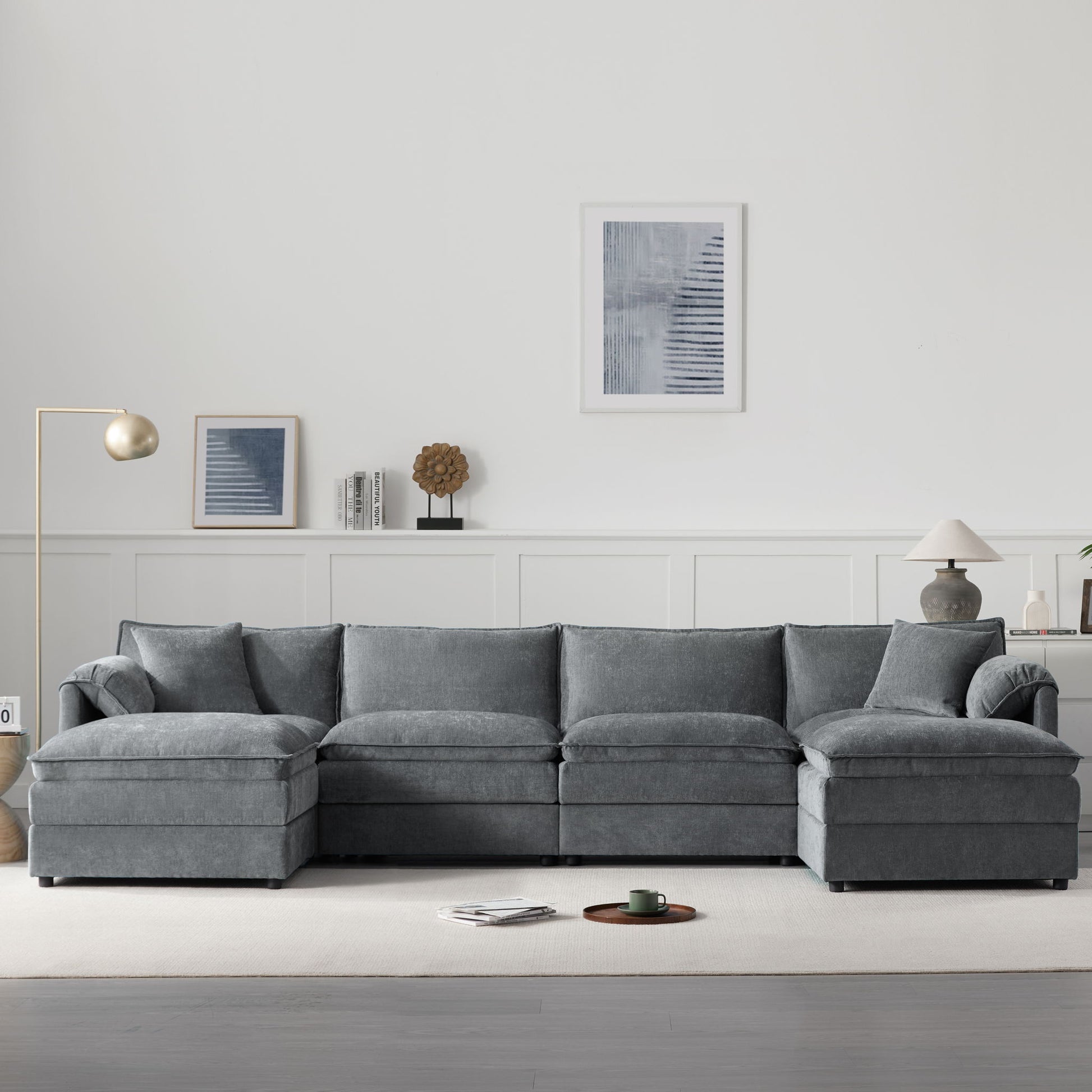 Modular Sectional With Deep And Wide Seat, Cloud Couch Set With Double Cushions Sofa With Movable Ottoman