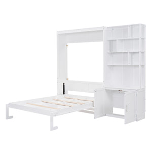 Full Size Murphy Bed With Multiple Storage Shelves And A Cabinet - White