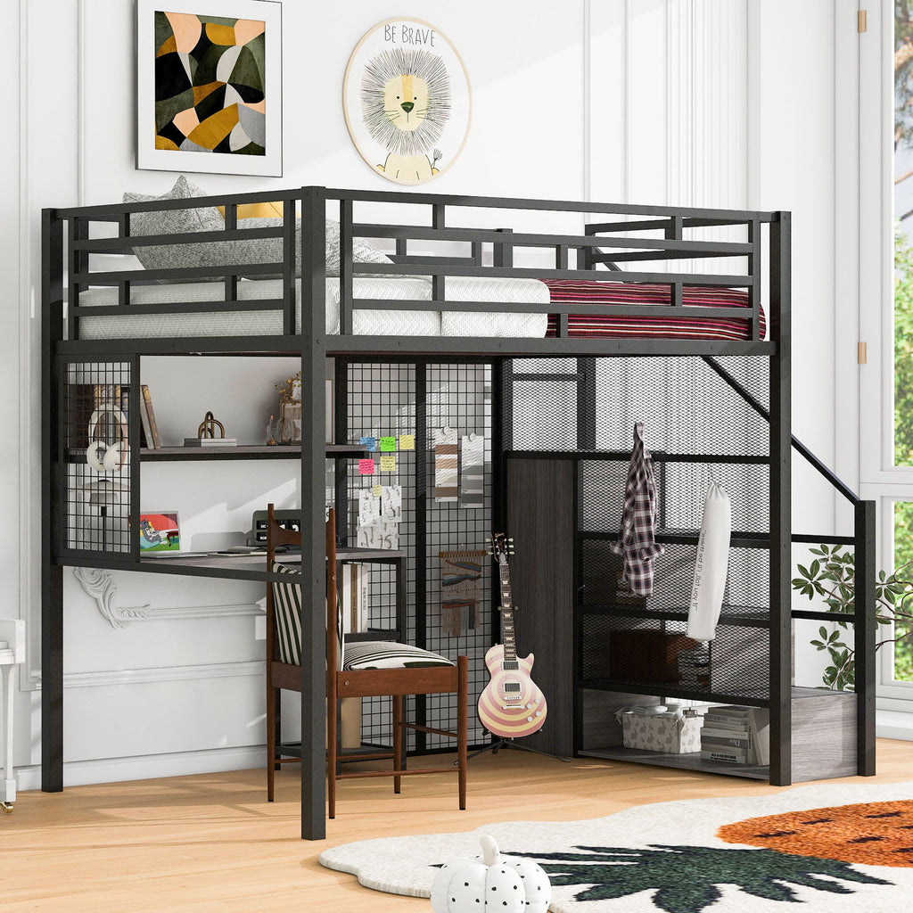 Metal Loft Bed With Wardrobe, Desk, Storage Shelves