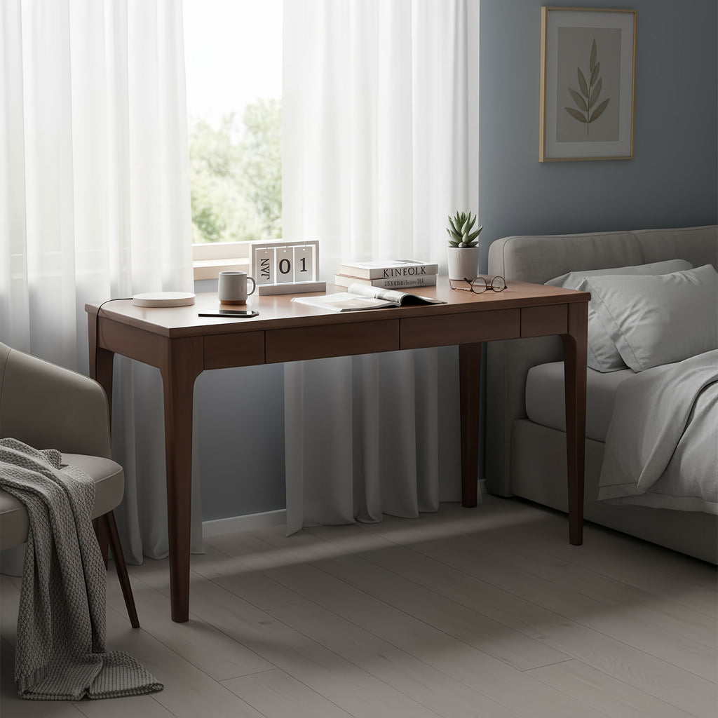 Desk With Drawers, Smooth Edge Design - Walnut