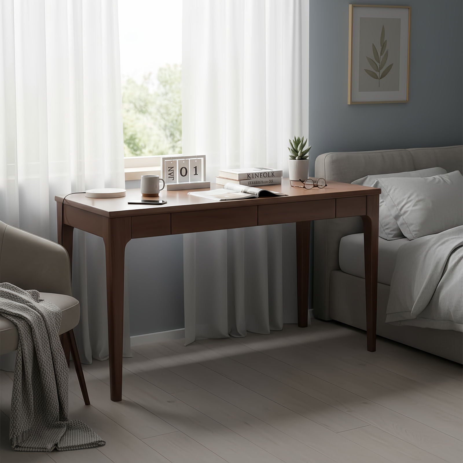 Desk With Drawers, Smooth Edge Design - Walnut