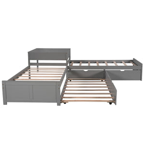 L Shaped Platform Bed With Trundle And Drawers Linked With Built In Desk
