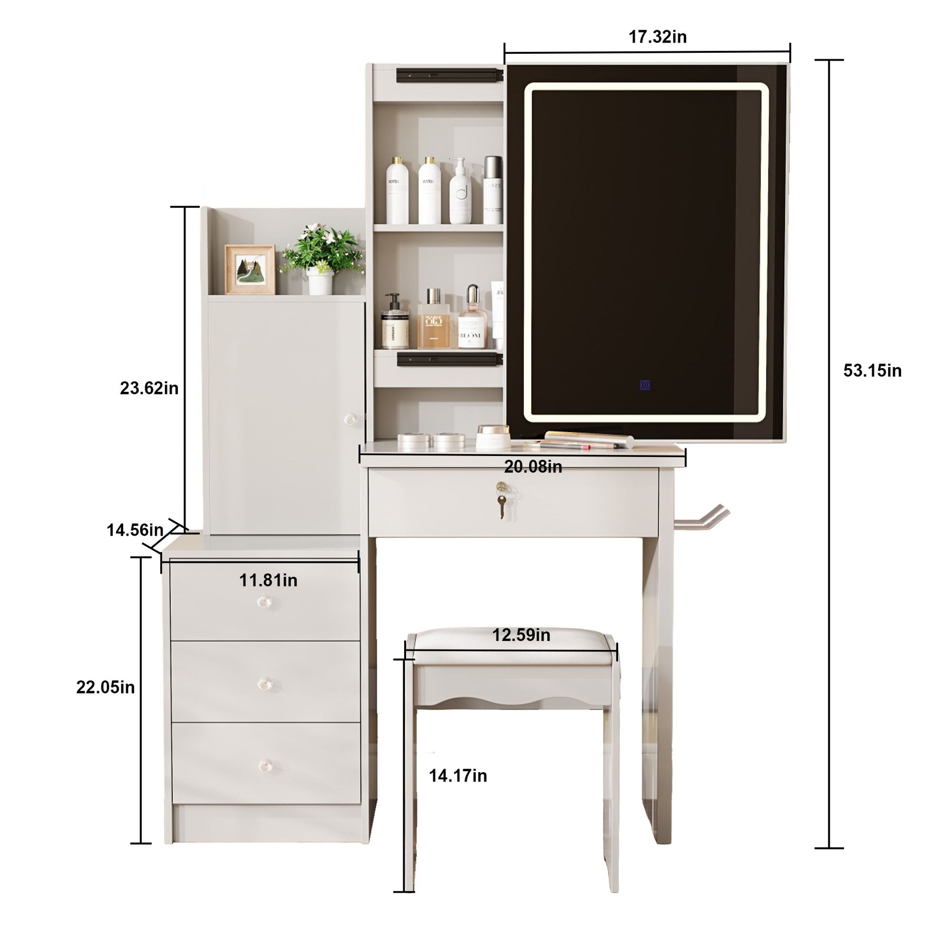 Vanity Desk Set With Sliding Lighted Mirror, 4 Drawer Makeup Dressing Table With 9 Storage Spaces, Hidden Compartments & Cushioned Stool, Beauty Furniture For Bedroom - White