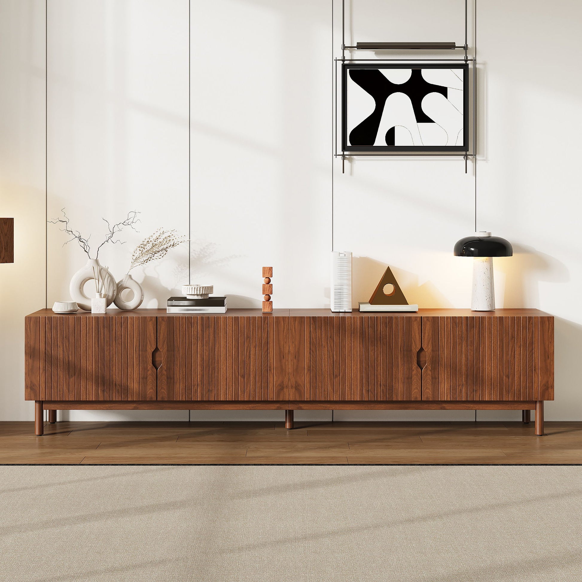 TV Stand With Legs, Media Console, 4 Cabinets For Living Room - Natural Wood