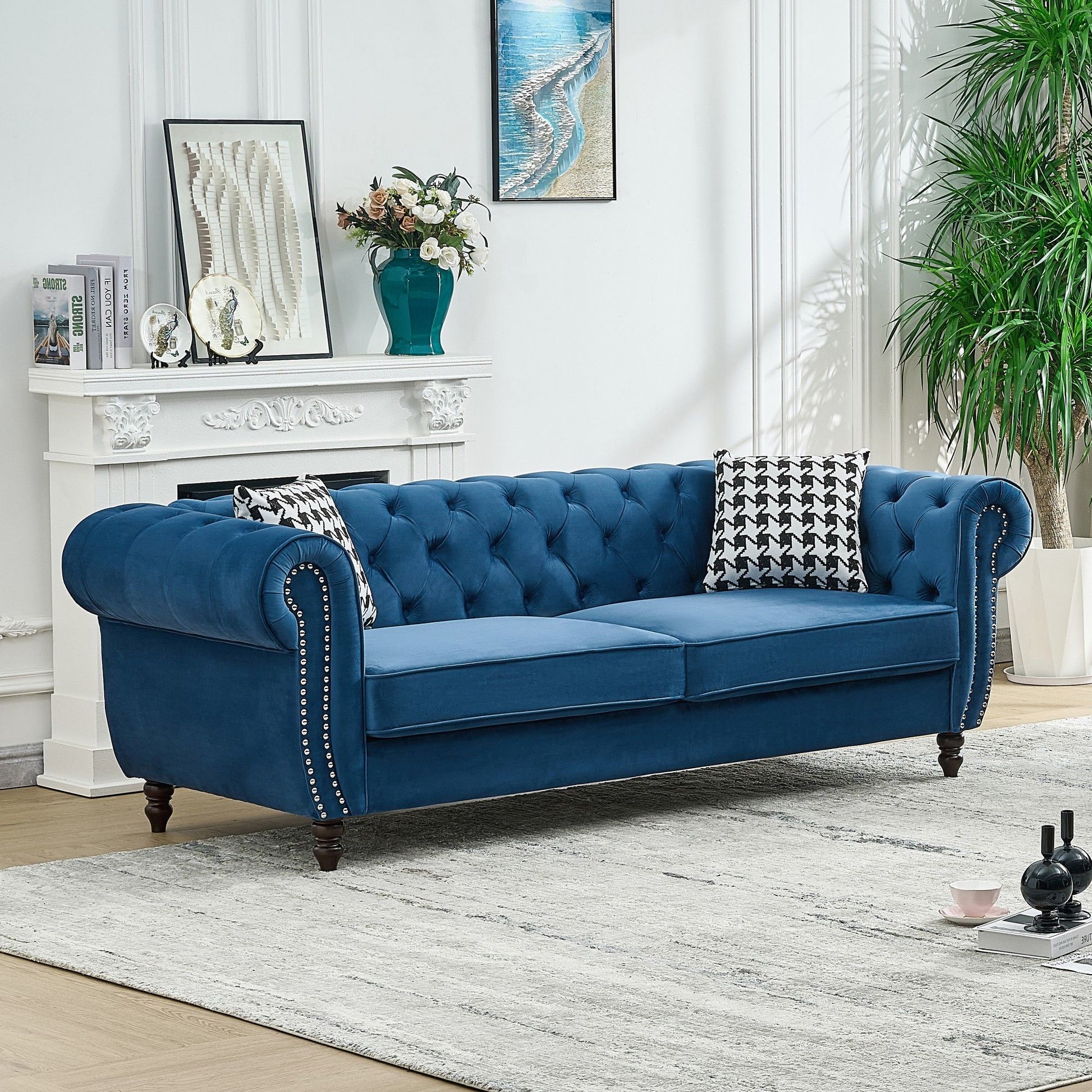 Mid Century Chesterfield Velvet Fabric Sofa With Roll Armrest & Nailhead, Blue, 87 Inches