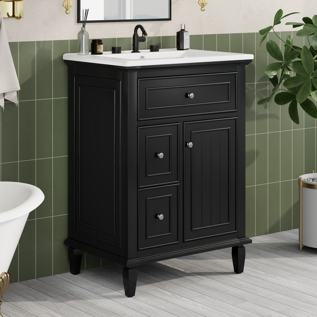 24" Bathroom Vanity With Sink, Cabinet, Adjustable Shelf, Flip Drawer & 2 Drawers - Black