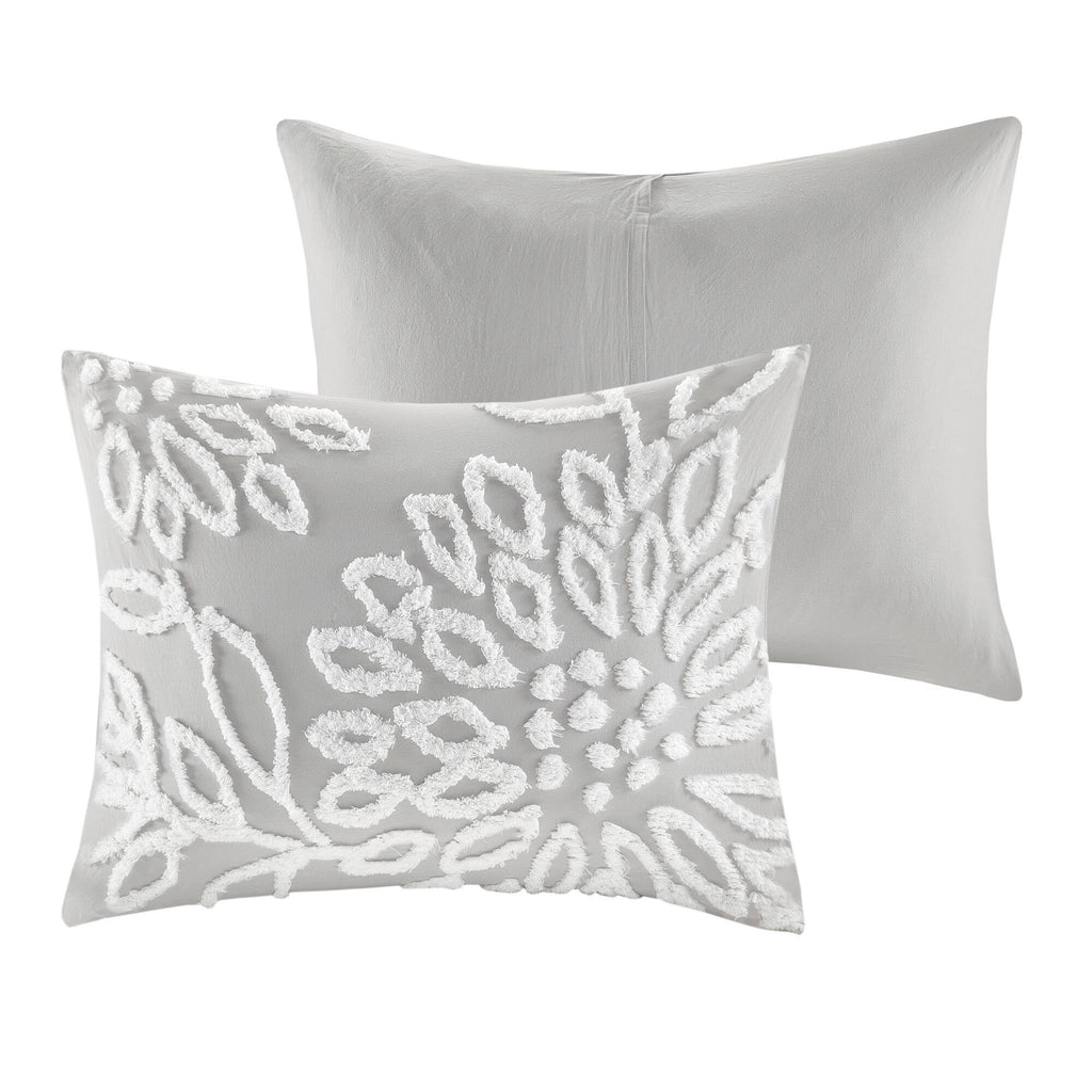 Veronica - 3 Piece Tufted Floral Comforter Set - Gray / White