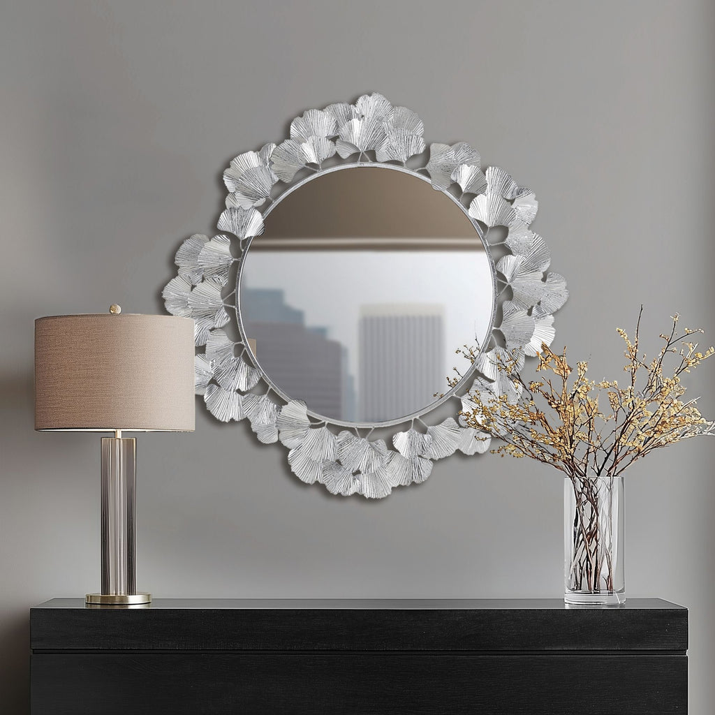 Eden - Eden Gingko Leaf Round Wall Mirror 30.5" - Silver