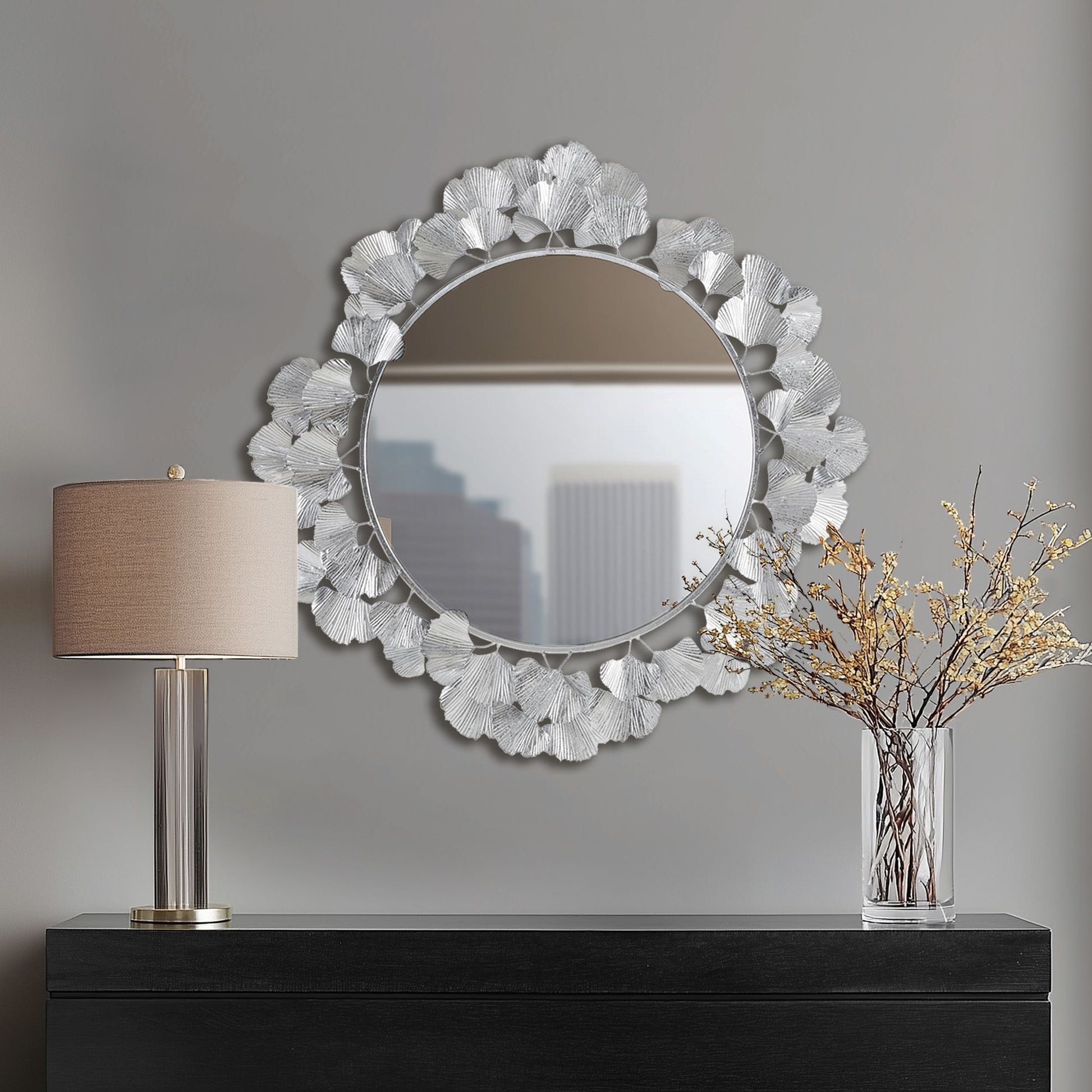 Eden - Eden Gingko Leaf Round Wall Mirror 30.5" - Silver