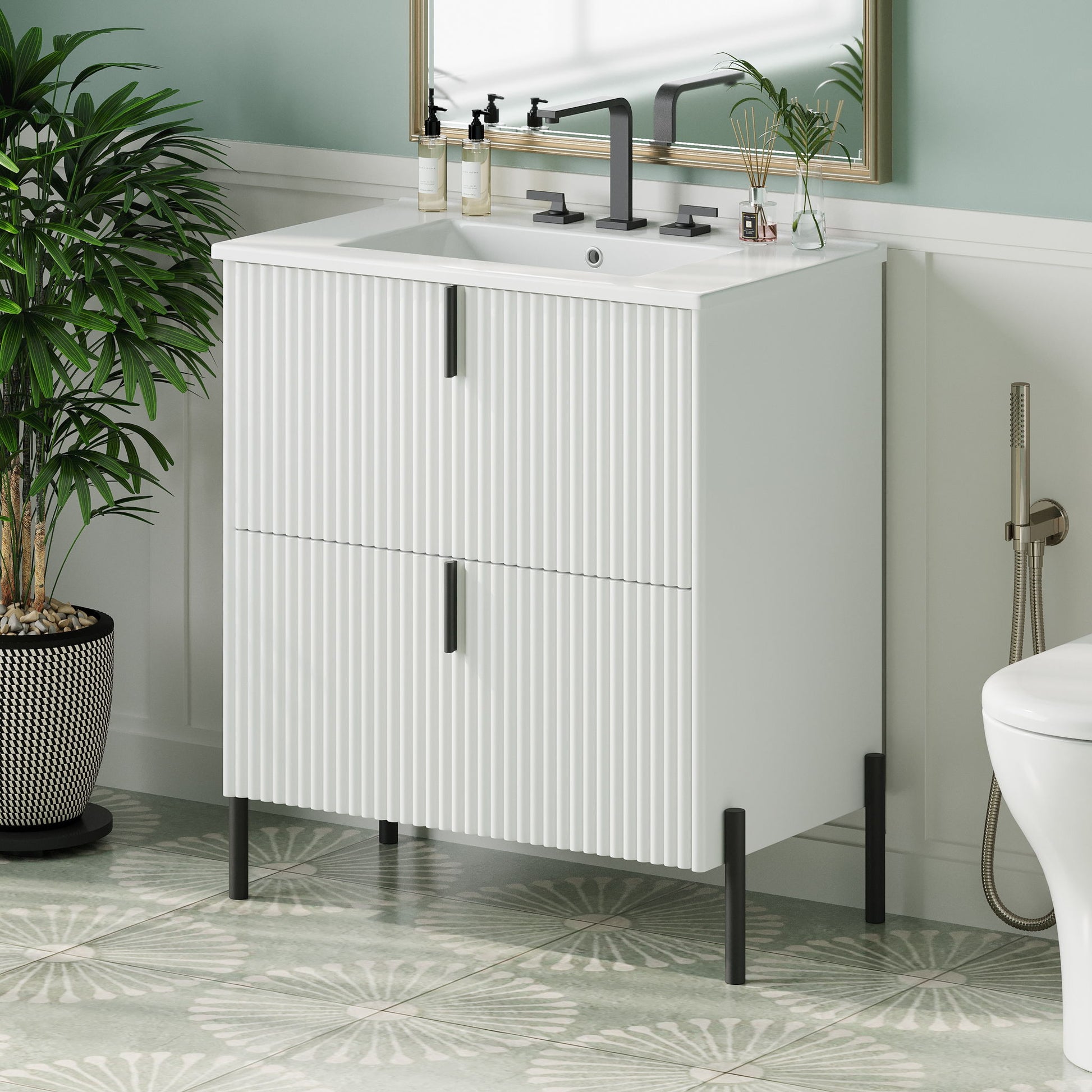 Fluted Bathroom Vanity With Ceramic Sink, Freestanding Design