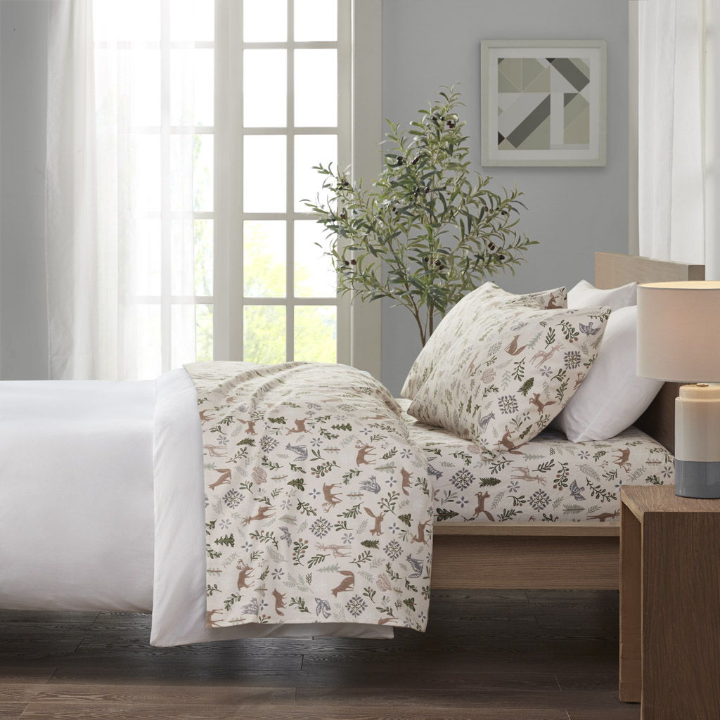 Cozy Flannel - 4 Piece Full Printed Sheet Set - Tan land Winter