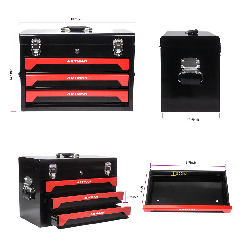Portable 3 Drawer Steel Toolbox, 4 Layers Of Tools With Metal Latches, With Storage Tray And Carrying Handle