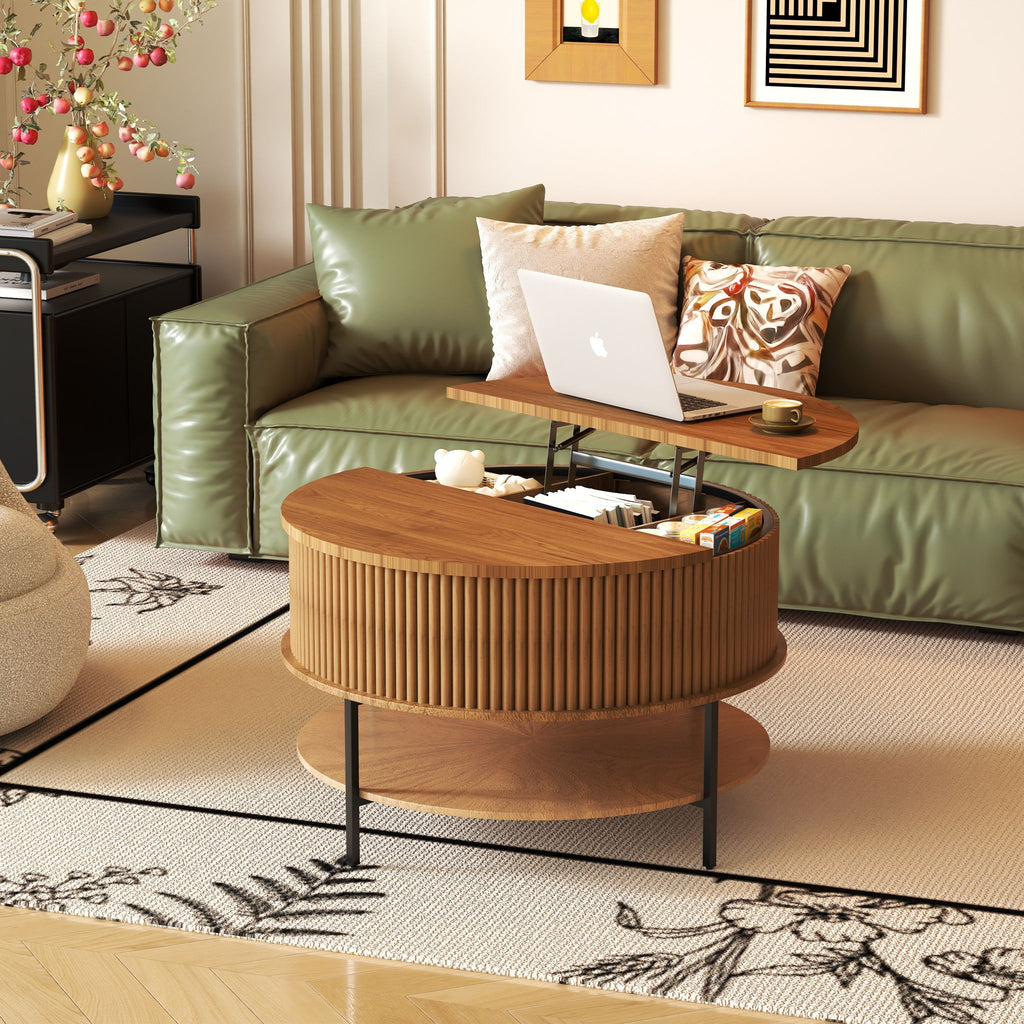 Lift Top Coffee Table, Round Storage Cocktail Table With Reinforced Legs, Safe Rounded Design - Brown