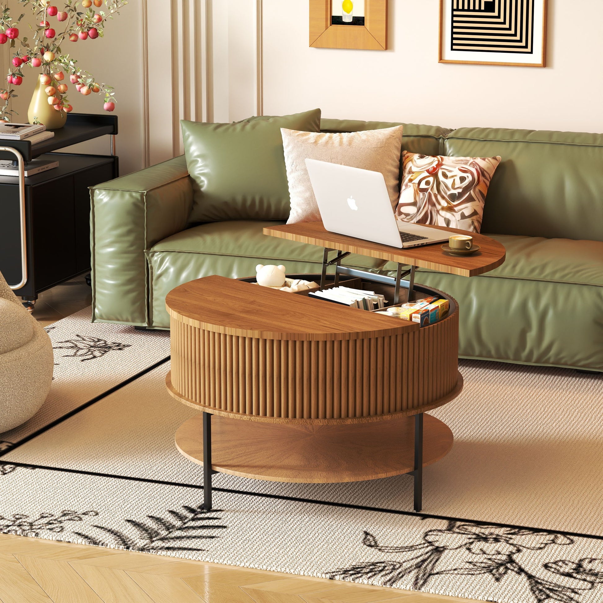 Lift Top Coffee Table, Round Storage Cocktail Table With Reinforced Legs, Safe Rounded Design - Brown