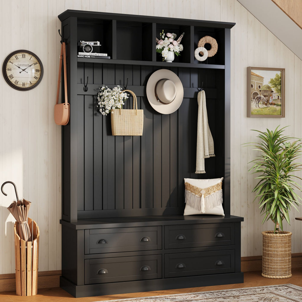 Hall Tree With 4 Drawers, Coat Rack With 6 Hooks