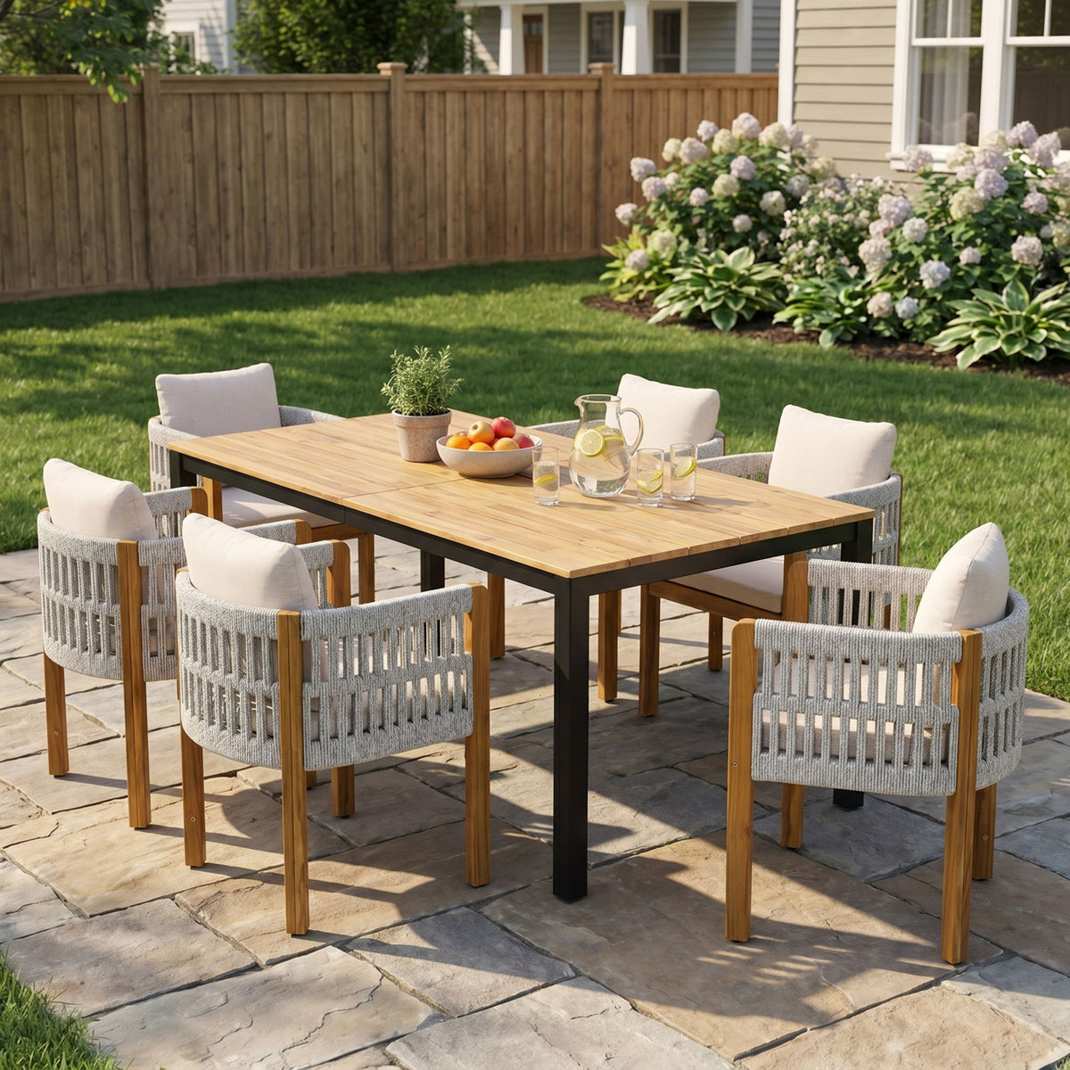7 Piece Outdoor Dining Set With Table And Chairs - Beige / Teak / White