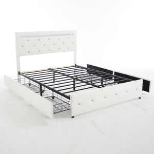 Upholstered Bed Frame With LED Lights, 4 Storage Drawers, Charging Station
