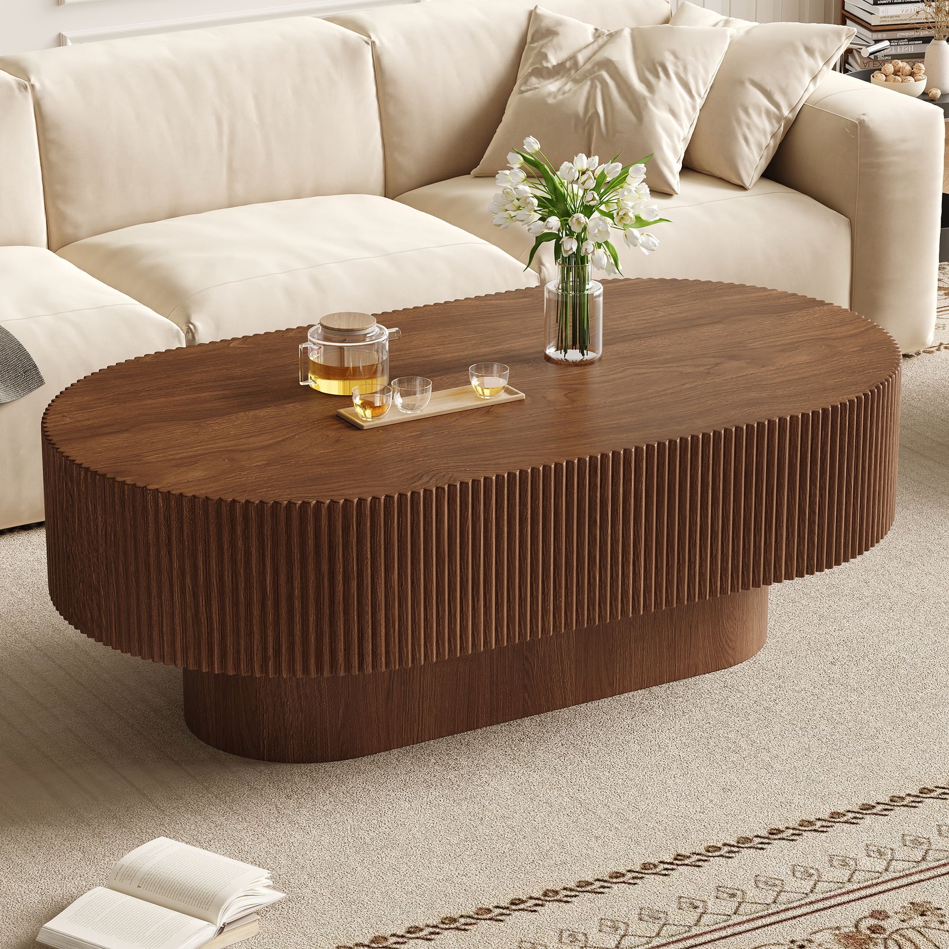 Oval Coffee Table With Thick Tabletop For Living Room