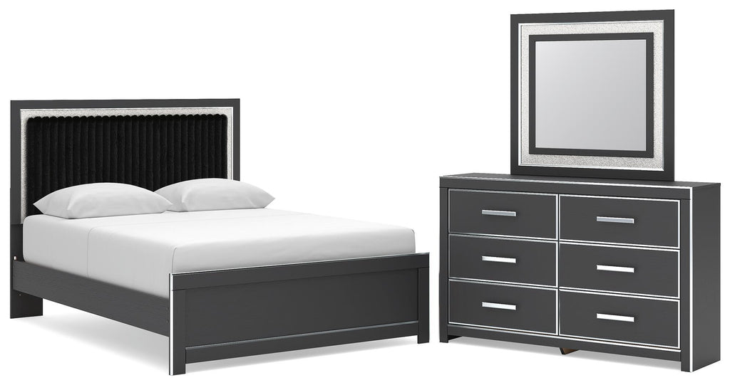 Zuraleus - 3 Pc. - Queen Upholstered Panel Platform Bed, Dresser And Mirror - Black