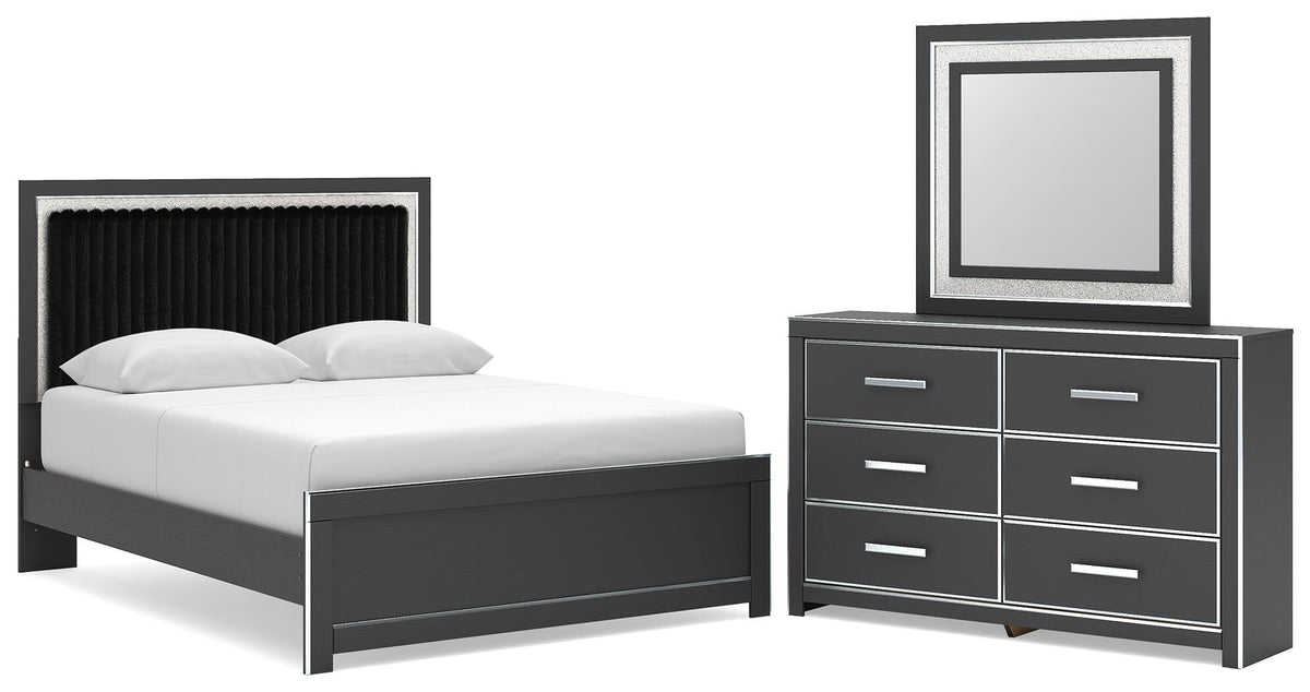 Zuraleus - 3 Pc. - Queen Upholstered Panel Platform Bed, Dresser And Mirror - Black