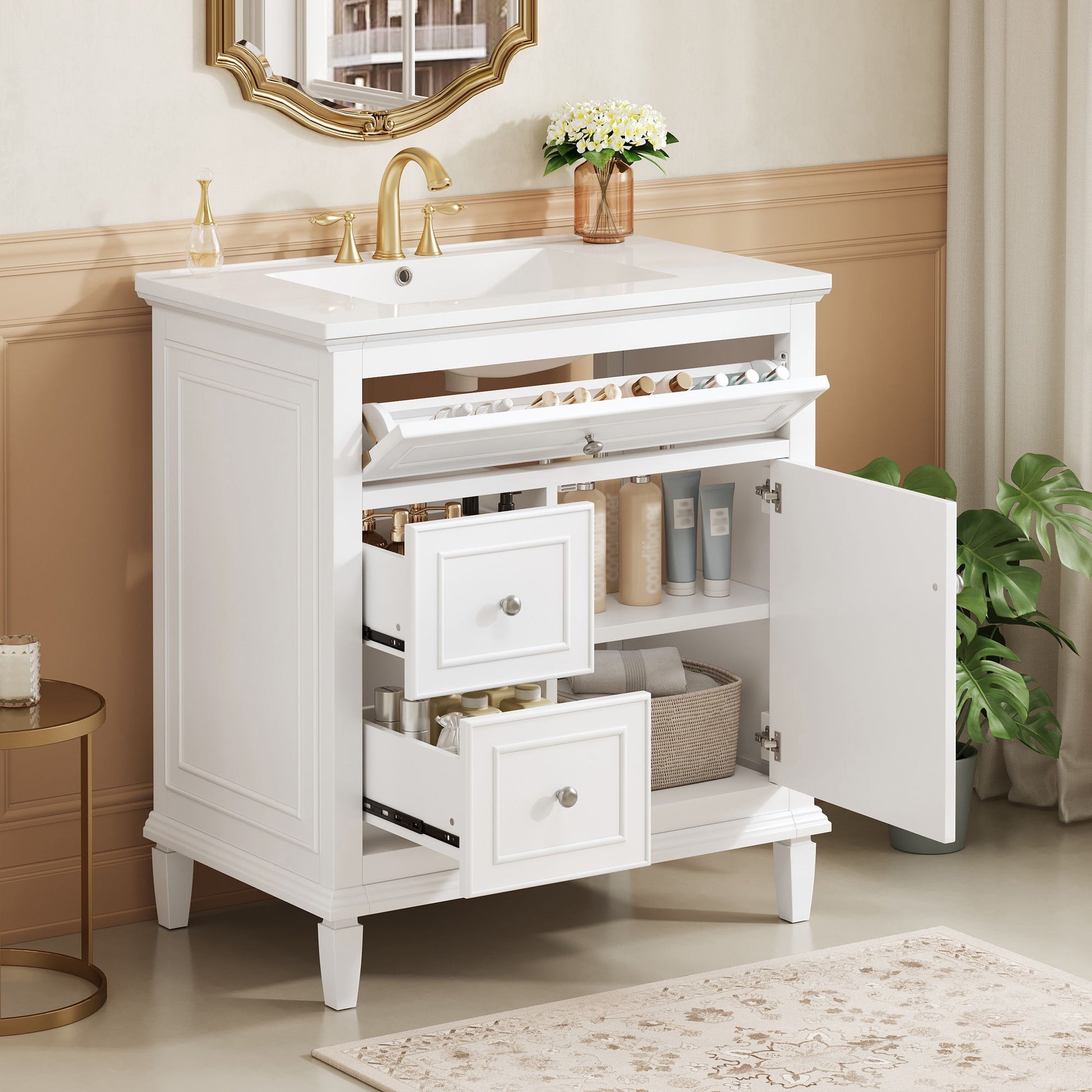 Modern Bathroom Vanity With Sink, Adjustable Shelf, Flip Drawer & 2 Drawers