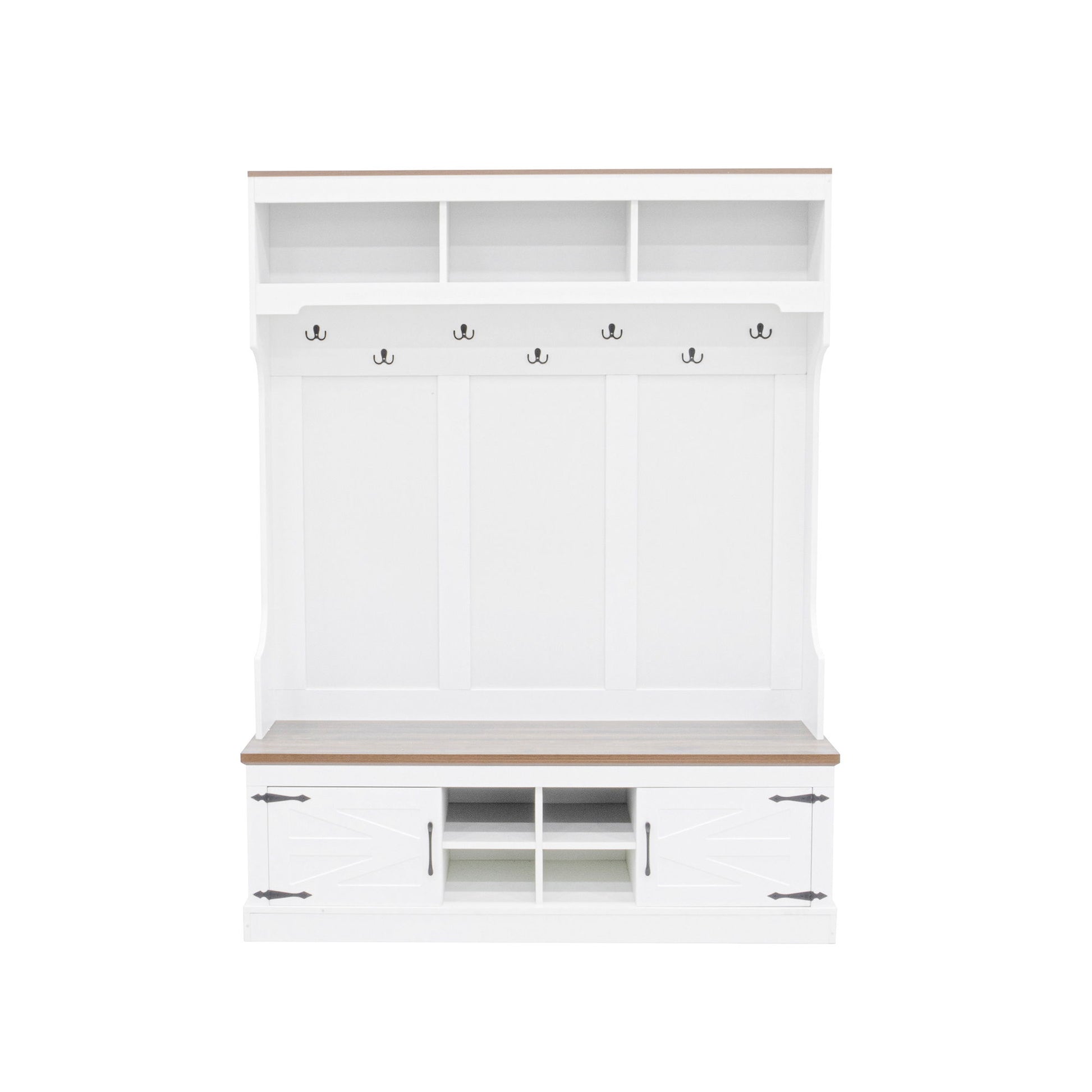 Hall Tree With Bench And Shoe Storage, 5 In 1 Entryway Organizer Cabinet With Coat Rack, 4 Shoe Cubbies & 7 Hooks - White