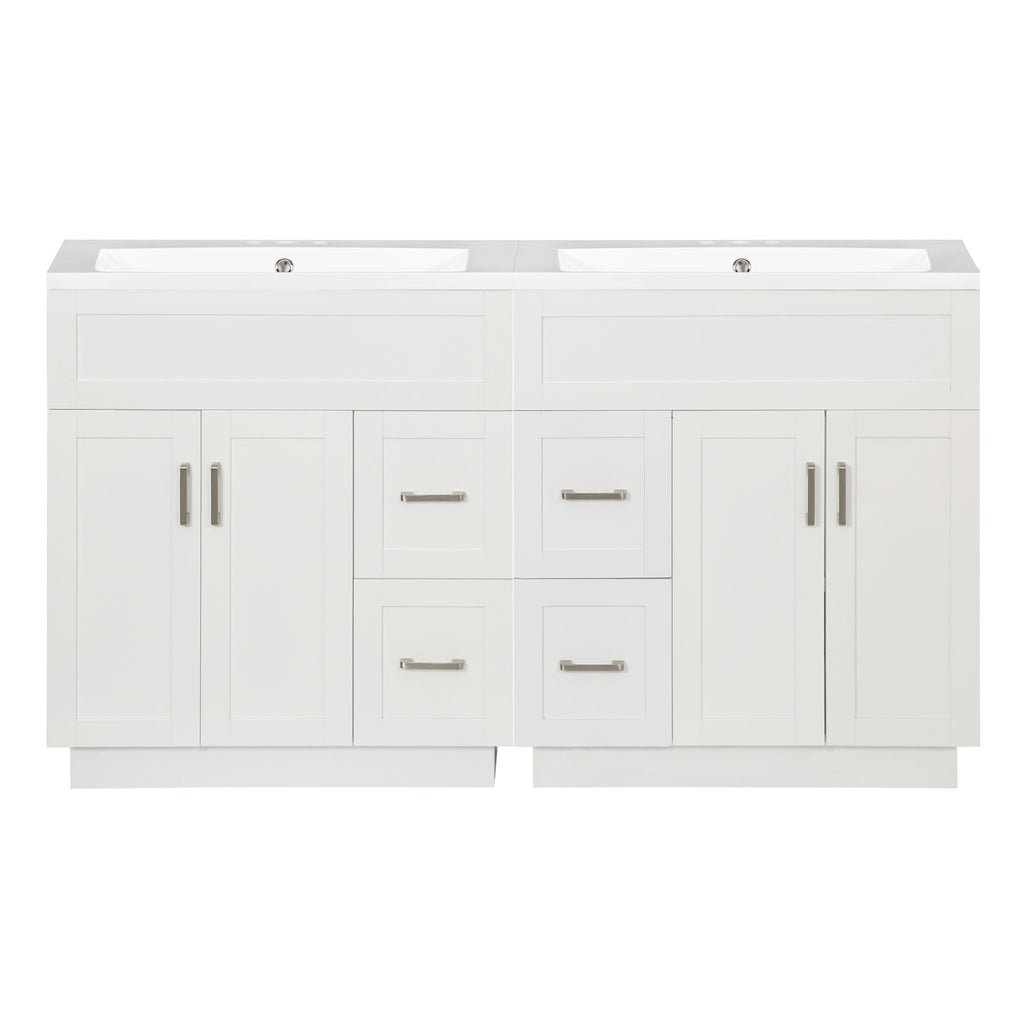 Bathroom Vanity With Dual Sinks, 4 Cabinet Doors, 4 Drawers, Adjustable Shelves - White