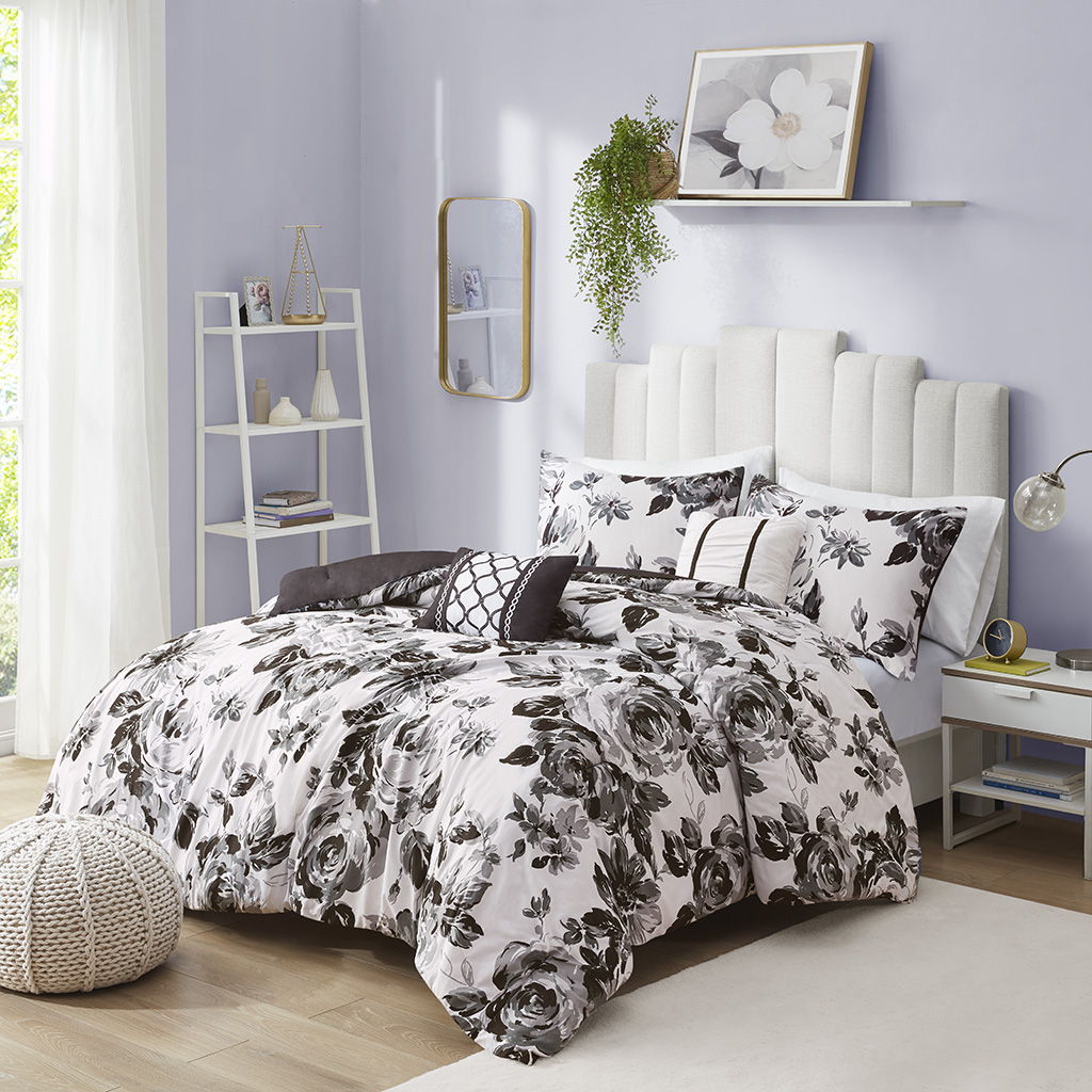 Dorsey - Floral Print Comforter Set - Black / White