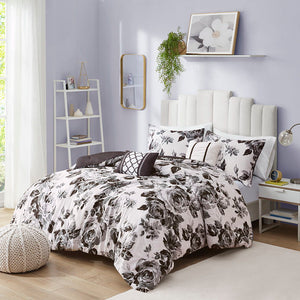 Dorsey - Floral Print Comforter Set - Black / White