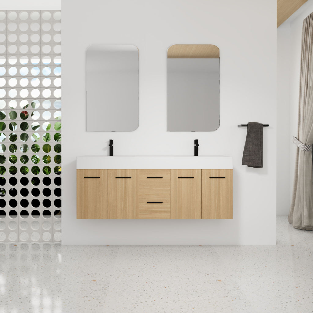 Floating Double Sink Bathroom Vanity With Drawers And Doors, Extra Large Storage, Integrated Sink, Soft Close Hardware - Glossy White / Light Oak