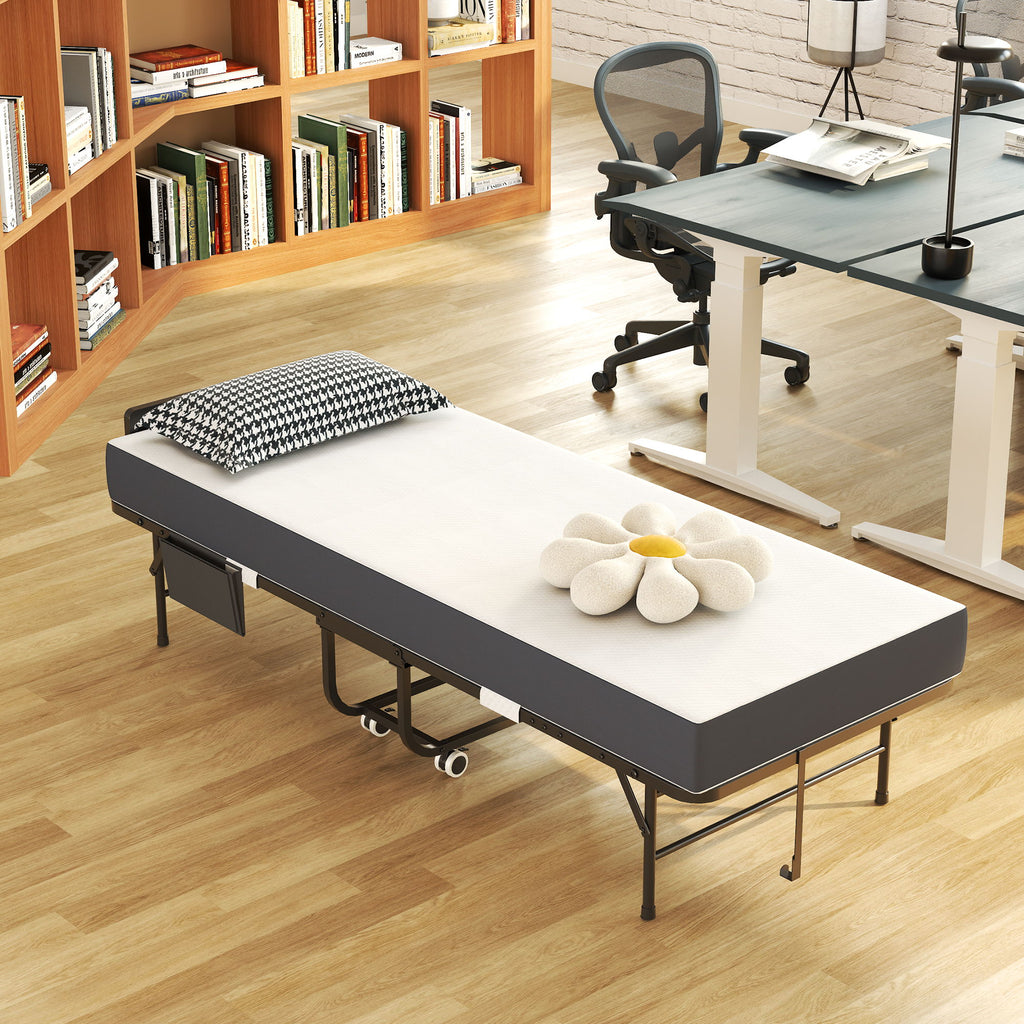 Twin Folding Bed With Adjustable Headboard & Memory Foam, Space Saving Rollaway Guest For Tall People, Portable On Wheels, Easy Assembly - Black