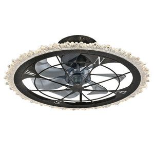Caged Ceiling Fan & Remote Controlled Dimmable LED Lights, Flush Mount Fan, Low Profile Design - Antique Black
