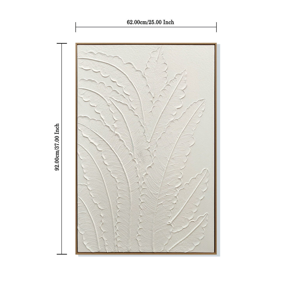 Framed Botanical Leaf Wall Art, Thick Textured Canvas Painting, Neutral Decor For Living Room - White