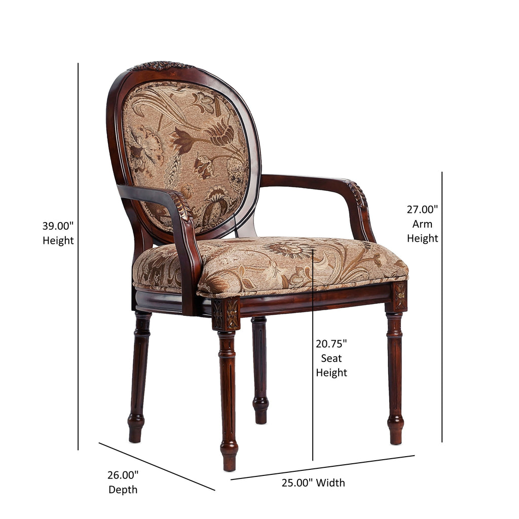 Bernice - Traditional Oval Back Chair With Floral Carvings - Brown / Beige Gray
