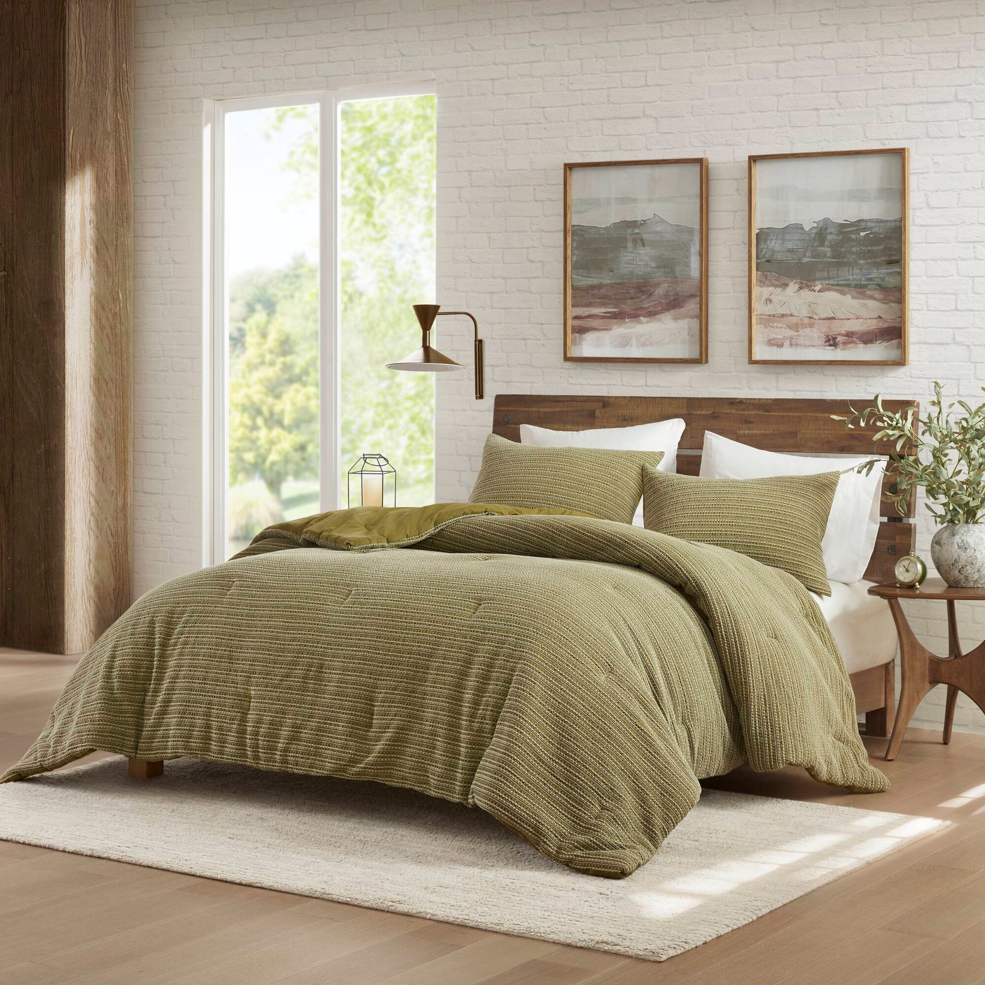 Lyon - 3 Piece Full/Queen Waffle Washed Comforter Set - Green
