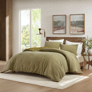 Lyon - 3 Piece Full/Queen Waffle Washed Comforter Set - Green