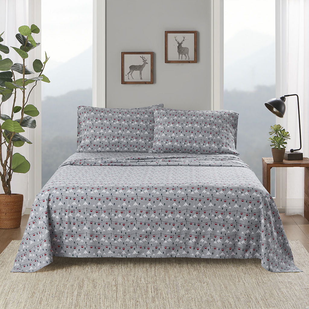 Flannel - 4 Piece Queen Sheet Set - Gray Ski Jump