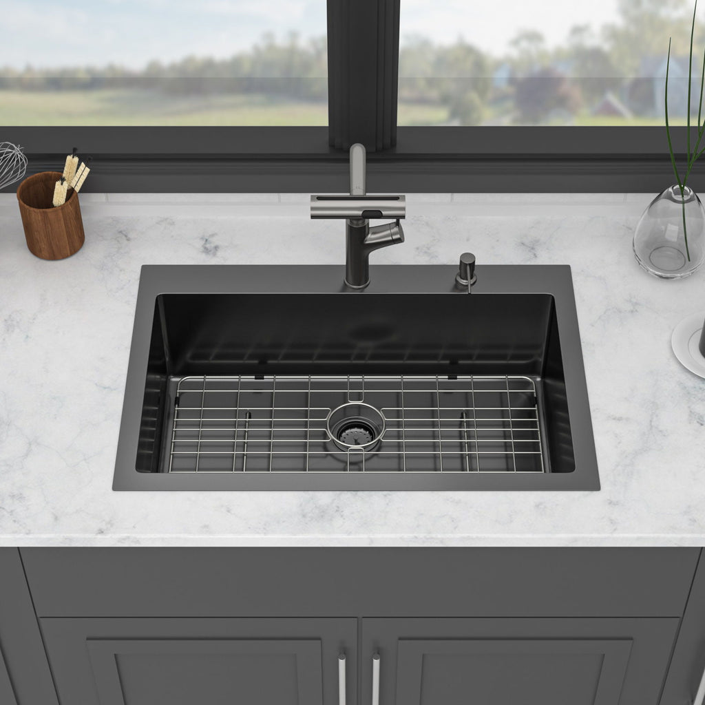 Drop-In Stainless Steel Kitchen Sink With Pull-Out Faucet And Soap Dispenser