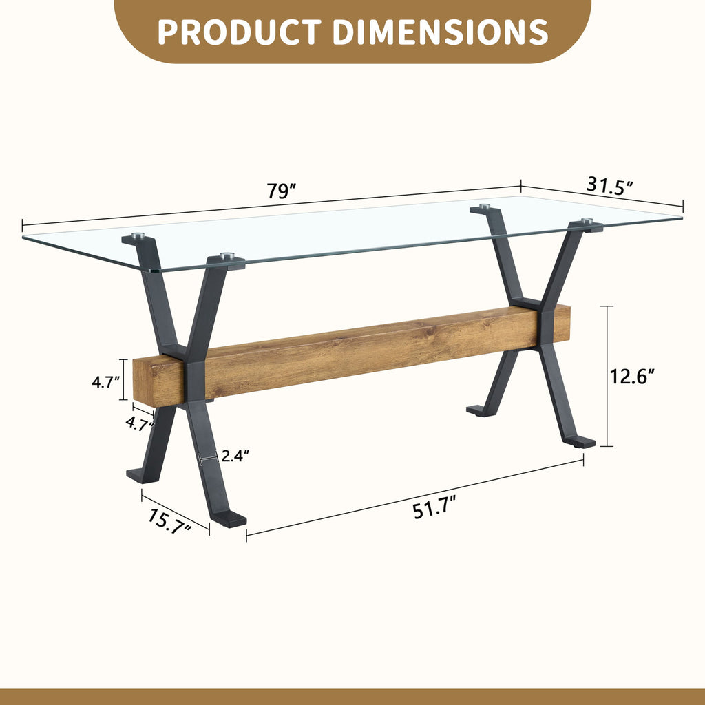 Elegant Tempered Glass Dining Table With X Shaped Metal Legs And Wood Grain Crossbeam - Black / Transparent