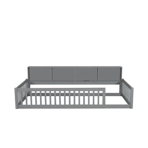 Twin Long Floor Bed With Storage Cabinets And USB Ports - Gray