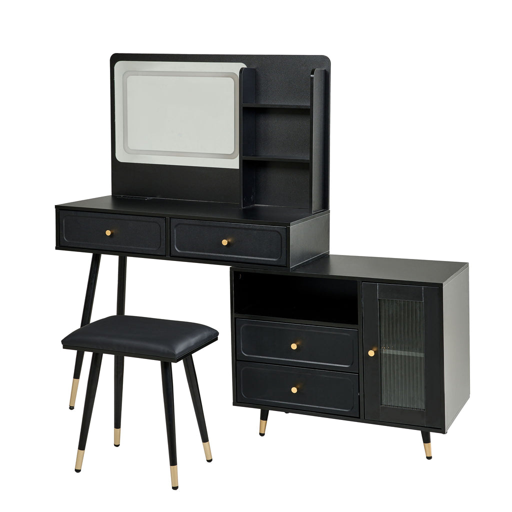 Modern Makeup Vanity Desk With Mirror And Lights Retractable Design Engineered Wood - Black