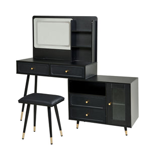 Modern Makeup Vanity Desk With Mirror And Lights Retractable Design Engineered Wood - Black