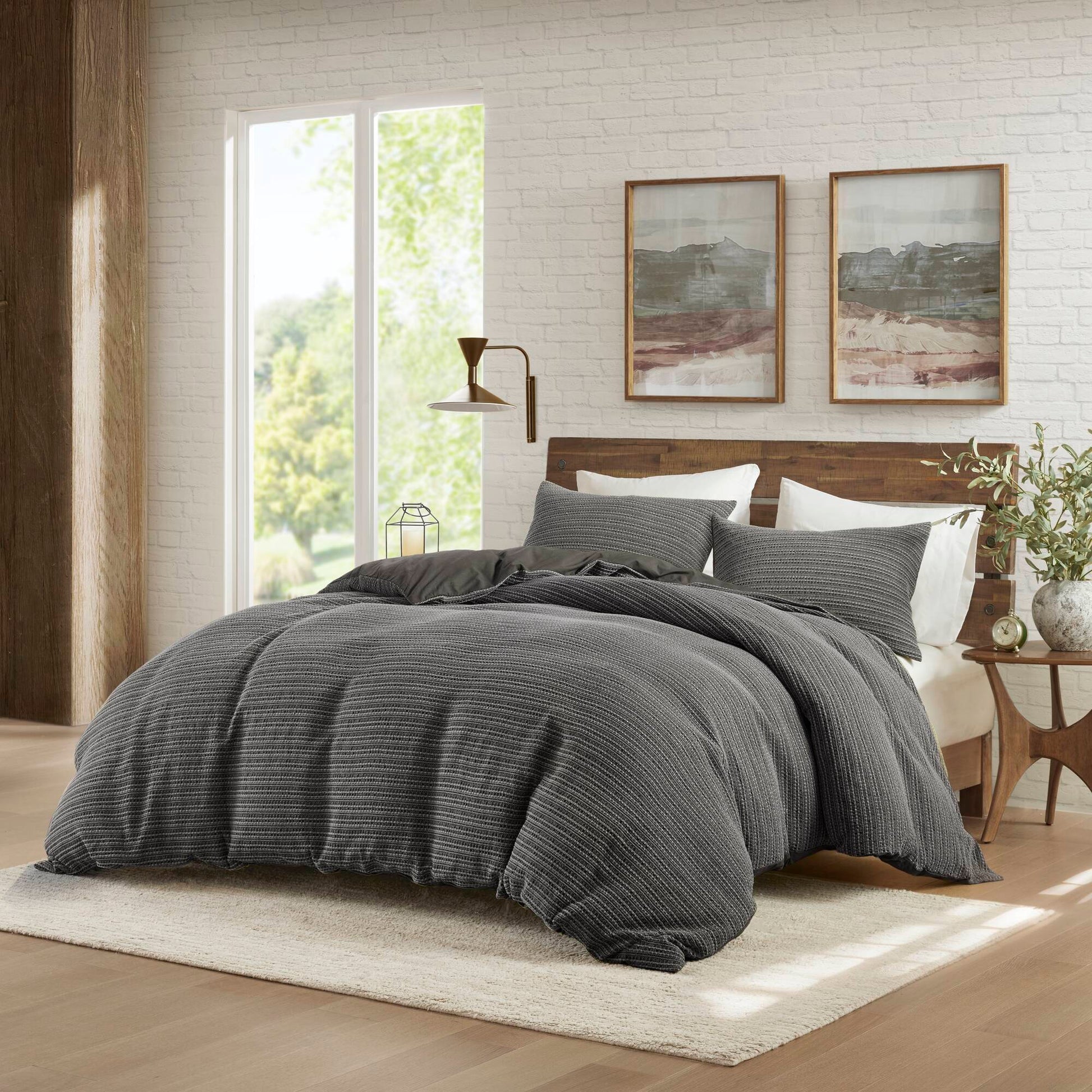 Lyon - 3 Piece Full/Queen Waffle Washed Duvet Set - Charcoal