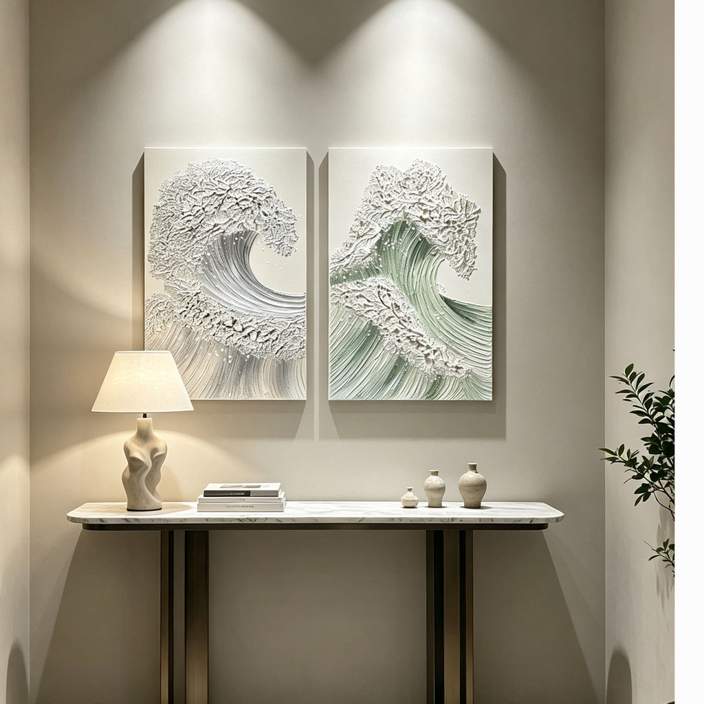 Ocean Wave Wall Art, Textured Canvas Painting With Accents (Set of 2) - Sage Green+Gold
