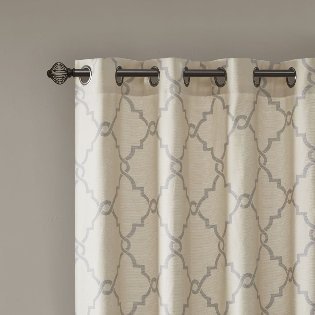 Saratoga - 108" Fretwork Print Grommet Top Window Curtain - Beige